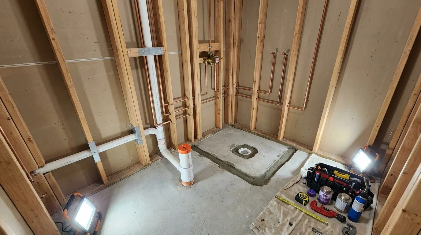 Bathroom rough-in plumbing during remodel by Johns Plumbing LLC in Brecksville
