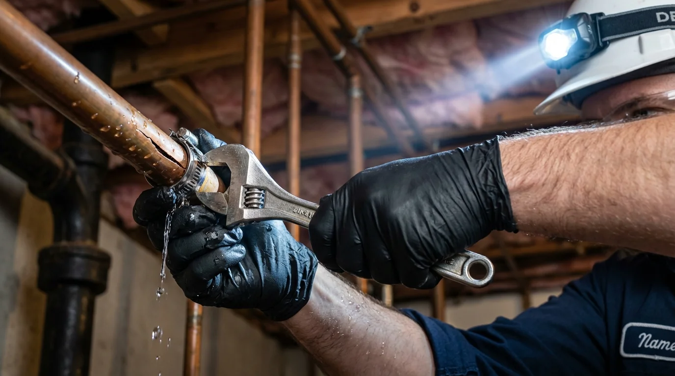 Emergency pipe clamp repair being performed by a Johns Plumbing LLC plumber in Brecksville
