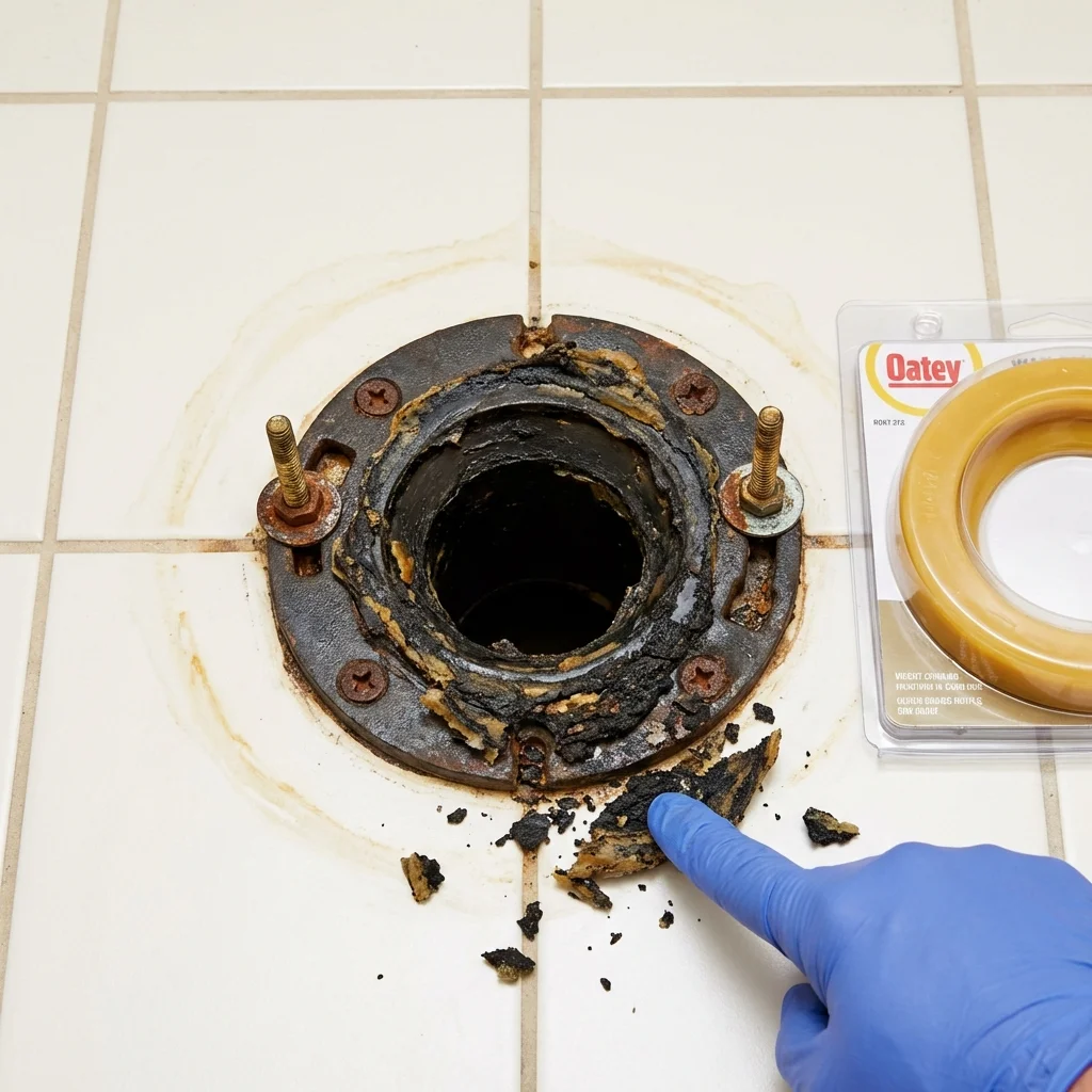 Failed wax ring showing water seepage at the base of a toilet in a Brecksville, OH home