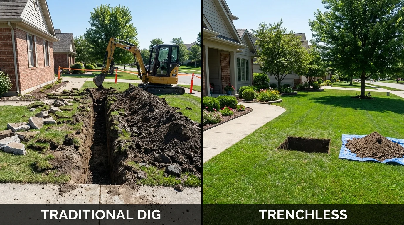 Trenchless sewer repair with minimal yard damage versus traditional excavation in Brecksville, OH