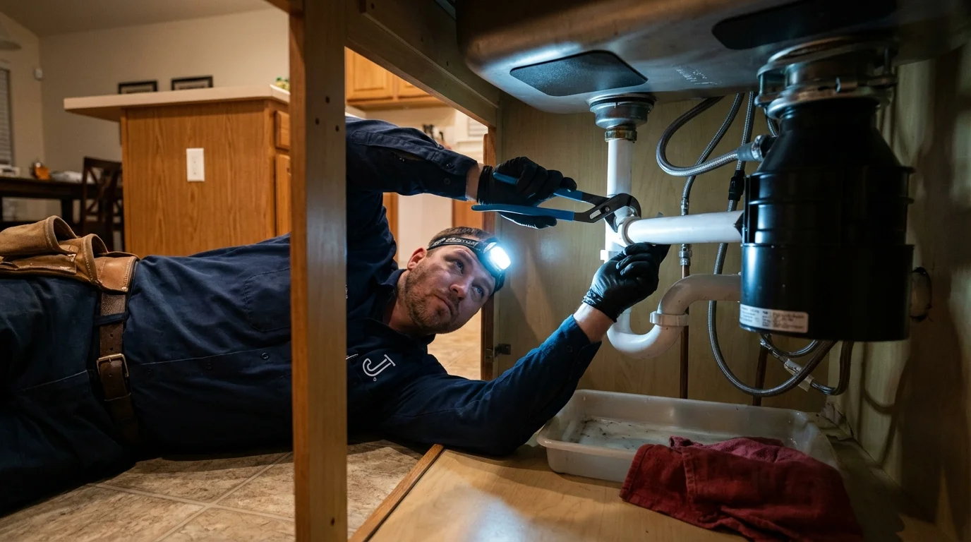 P-trap and supply line connections under a kitchen sink showing a common leak point in Brecksville, OH